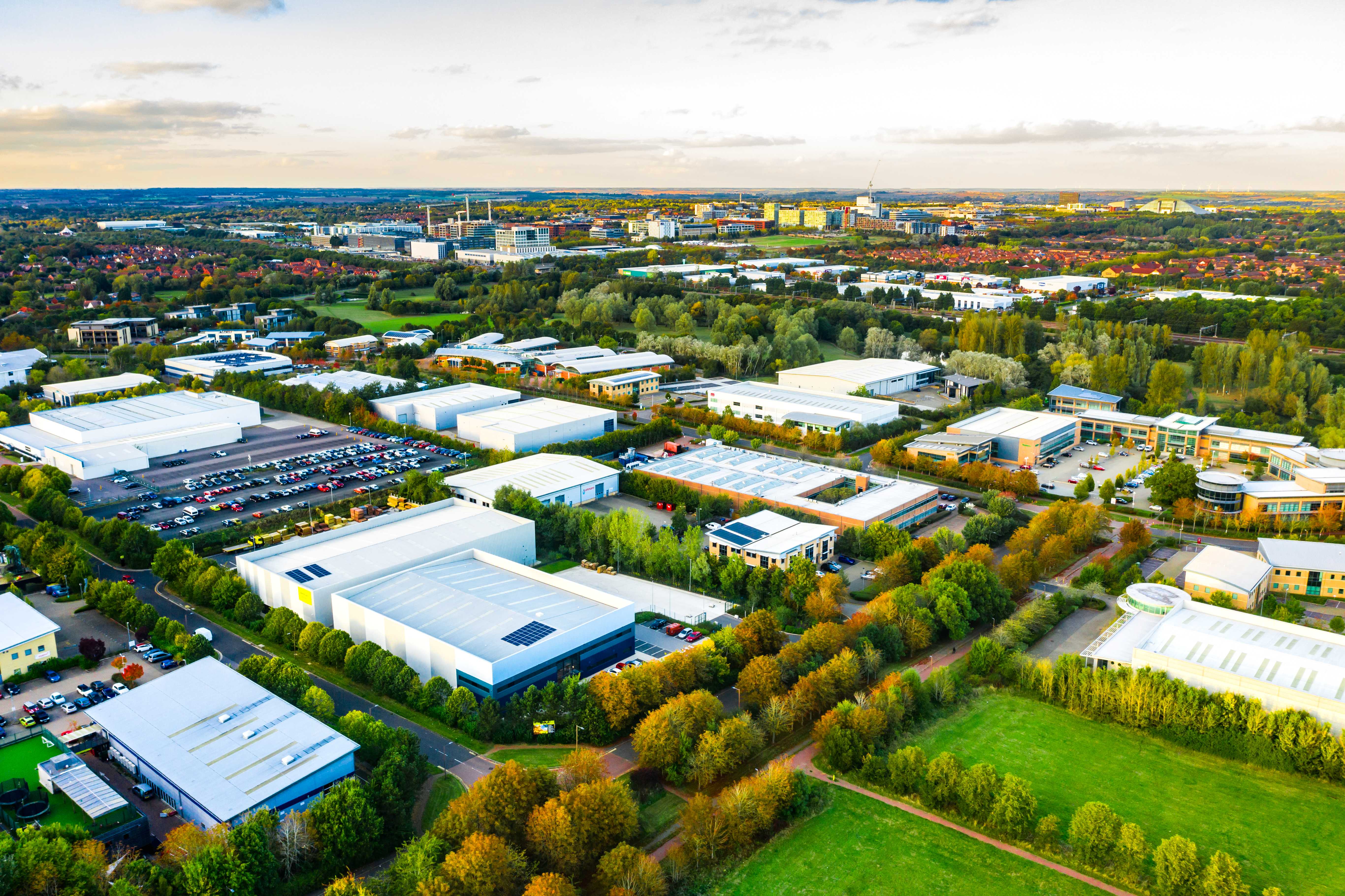 Aerial view of industrial warehouses